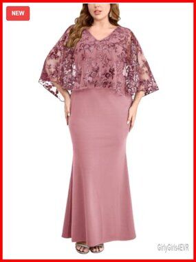 Plus Size Sequin Cape Mermaid Maxi Dress Formal Evening Gown